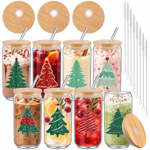 Tioncy 8 Pcs 16oz Christmas Tree Glass Cups with Bamboo Lids, Straws & Brush Set (Christmas Variation)