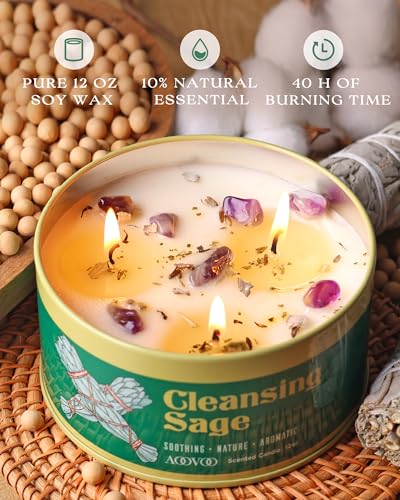 Sage Cleansing Candle with Crystals - 12oz 3-Wick Soy Aromatherapy Candle