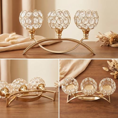 SylvaCraft 3-Arm Arched Crystal Candelabra Gold, Table Centerpiece (1 PCS) — Wedding & Home Decor