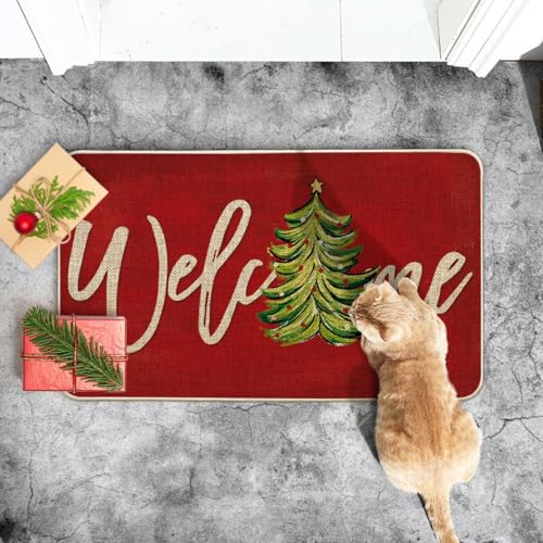 Artoid Mode Red Xmas Tree Welcome Doormat 17x29 Inch, Non-Slip Low-Profile Indoor Outdoor
