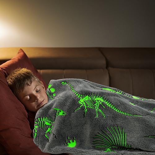 Glow in the Dark Dinosaur Throw Blanket, Soft Plush 50"x60" Gray