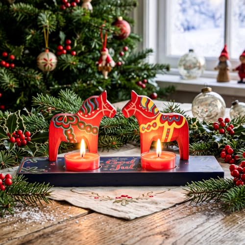 Dala Horse Christmas Decor Set with LED Candles - 2 Pc Swedish Wooden Ornaments