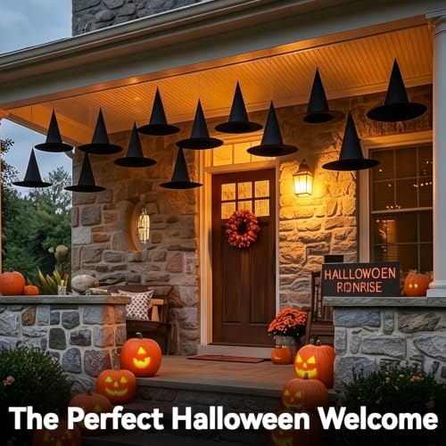 12 Pcs Hanging Witch Hats Set with 98ft Rope for Halloween Party Decor