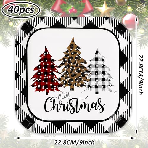 Whaline Christmas Plaid Tree Square Paper Plates 9 Inch - Holiday Party Supplies
