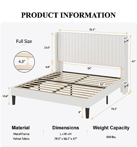 Full Size Velvet Platform Bed Frame with Wingback Headboard, White