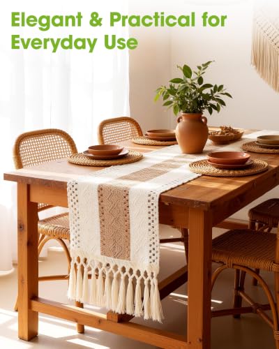 Boho Table Runner 12 x 72 Inch, Farmhouse Linen Textured Runner with Tassels