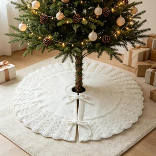 White Knit Christmas Tree Skirt 20 Inch with Scalloped Edge - Rustic Holiday Decor