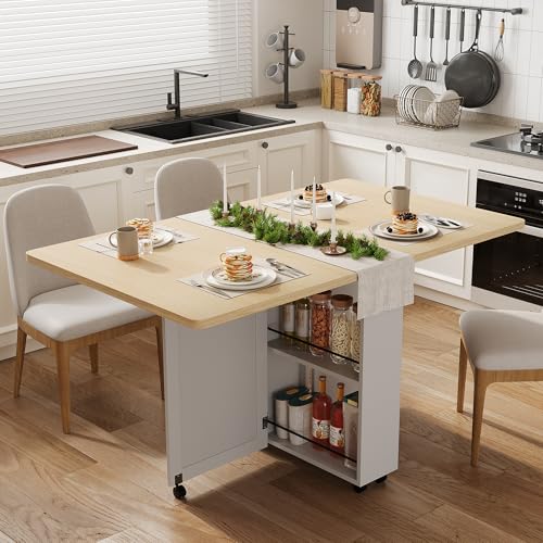 Folding Dining Table with Storage, Compact Kitchen Table on Wheels