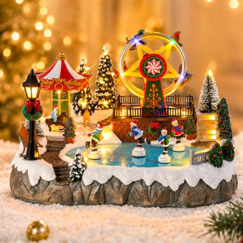 VCUTEKA Winter Carnival Christmas Village Scene with Moving Ferris Wheel & Skating Rink