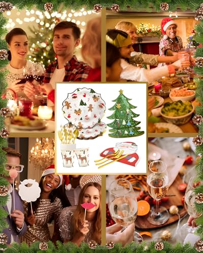 Christmas Disposable Dinnerware Set for 16 Guests - Plates, Cups, Cutlery & Napkins