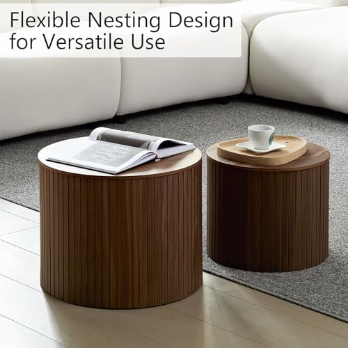 Round Nesting Coffee Table Set with Hidden Storage, Fluted Wood Accent Tables