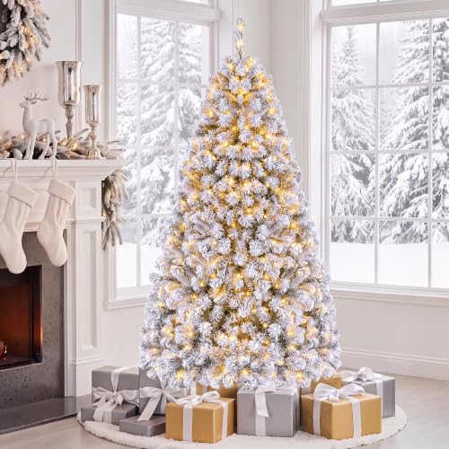 HAPPYGRILL 6ft Pre-Lit White & Green Christmas Tree with Snow Flocked Needles, 600 Tips, LED Lights & Metal Stand