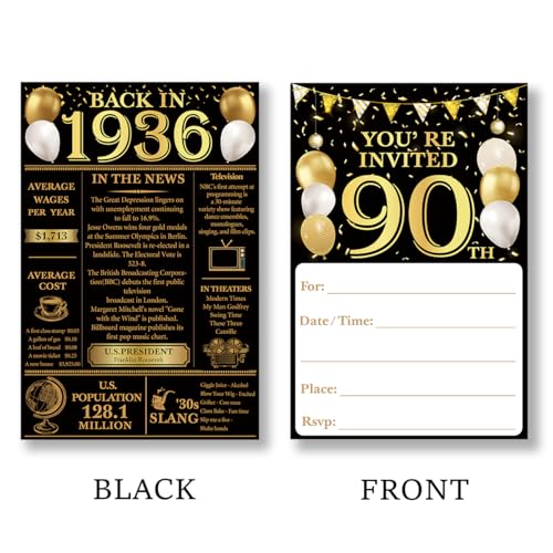 90th Birthday Party Invitations - Black and Gold 1936 Design (20 Pack)