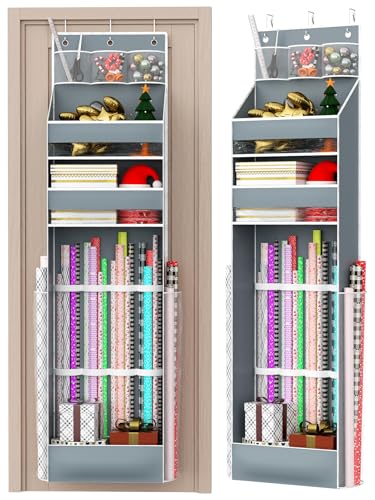 Hanging Gift Wrapping Paper Storage Bag Organizer for Closet and Door Gray