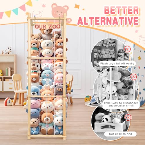 Tall Natural Pine Wood Stuffed Animal Storage Organizer with Elastic Cords