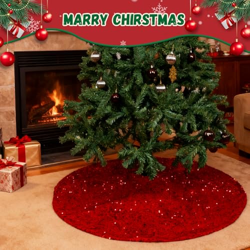 Red Sequin Christmas Tree Skirt 48 Inch - Sparkle Holiday Base Decor