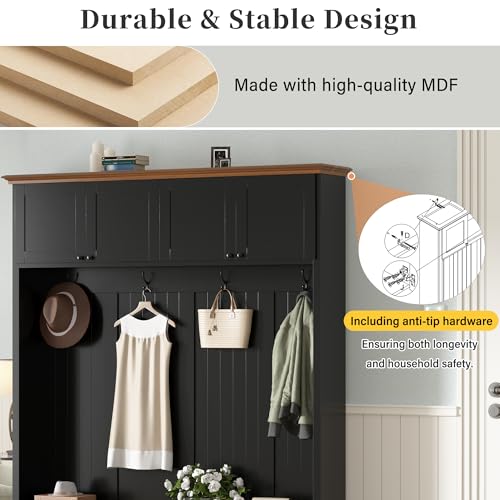Rustic Farmhouse 59-Inch Entryway Hall Tree with Shoe Storage Bench and Hooks