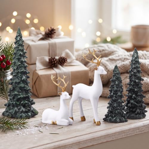 Pinkunn 5 Pcs White & Green Christmas Reindeer & Tree Decor Set for Holiday Tabletop