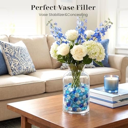 Mixed Blue Glass Gems Flat Marbles for Vase Fillers & Crafts - 1 lb