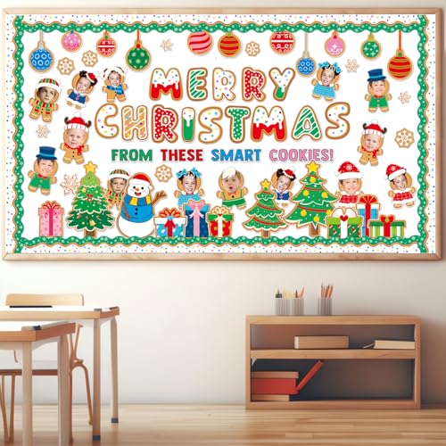 Gingerbread Man Bulletin Board Decor Set - DIY Christmas Photo Wall Including Snowflakes & Gifts - Variation of Gingerbread Man Bulletin Board