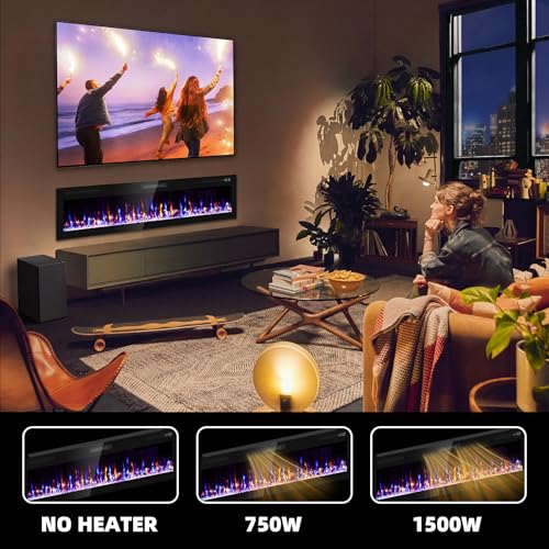 72-Inch Electric Fireplace Wall Mounted & Recessed with Remote Control