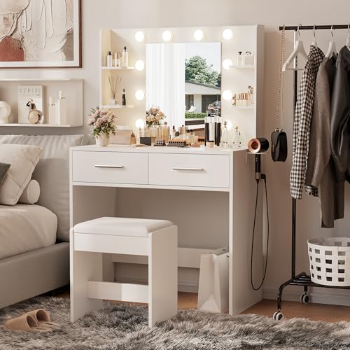 Makeup Vanity Desk with Lighted Mirror, Charging Station, and Bench, White