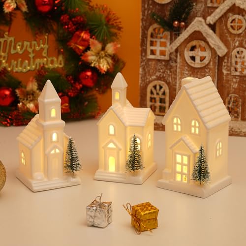 Light-Up White Ceramic Christmas Village Set with LED Trees & Timer