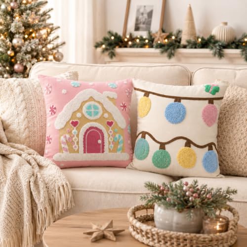 Breling 2 Pack Pastel Christmas Pillow Covers 18x18 inch with 3D Embroidered Designs - Gingerbread & Lights