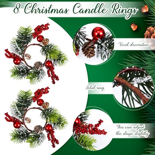 8-Piece Christmas Candle Ring Wreaths with Berry, Pinecone & Poinsettia