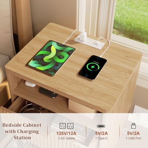 Fluted Nightstand with Charging Station, 2-Drawer Wood End Table