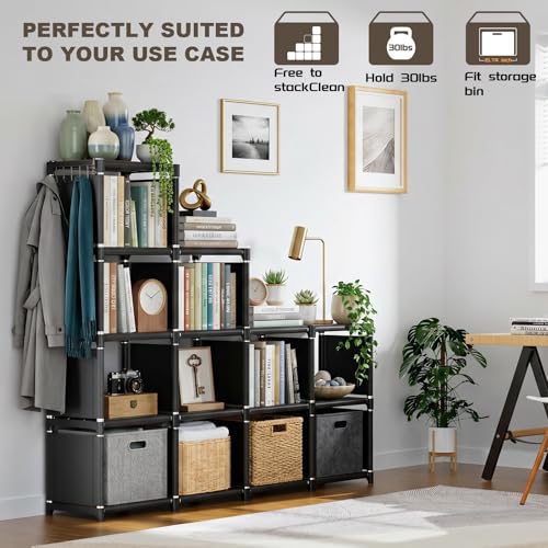 12-Cube Modular Storage Organizer, Stackable Metal Bookcase & Closet Shelf