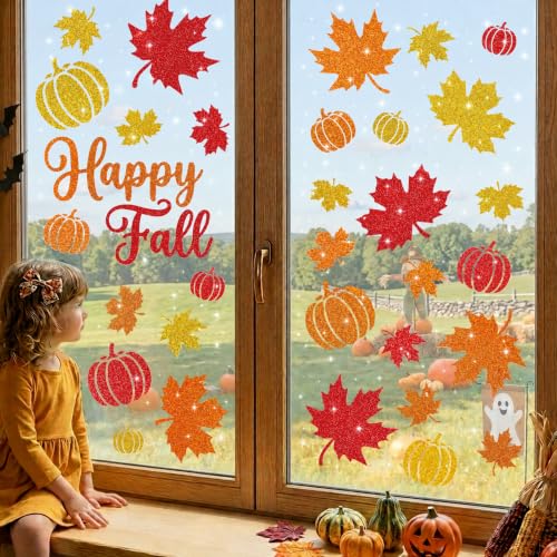 Glitter Fall Window Clings - 6 Sheets Autumn Harvest Thanksgiving Decals