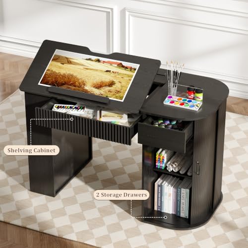 Adjustable Drafting Table with Storage Cabinet, Drawers & Charging Station