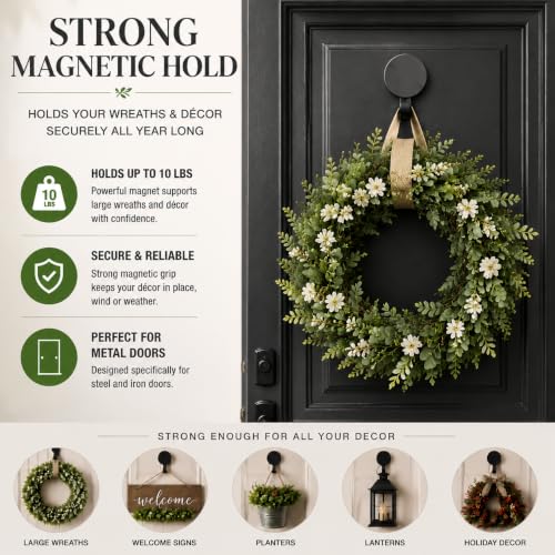 Heavy-Duty Magnetic Wreath Hanger for Metal Front Door - Black, 2 Pack