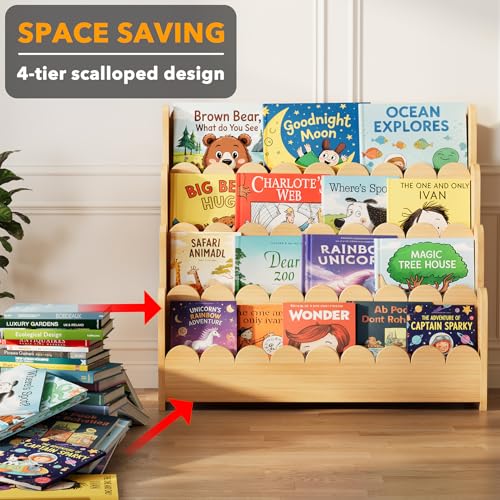 4-Tier Wooden Montessori Bookshelf for Kids, Scalloped Toy Storage Rack