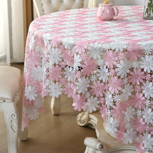 Pink Crochet Tablecloth 60x60 inches Farmhouse Floral Lace Cover for Round or Square Table - Pink-White