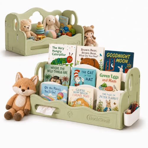 JOOMLAFLY Green Kids Bookshelf for Toddler - Front Facing Montessori Book Organizer, 3-Tier, BPA-Free HDPE, Tool-Free Assembly