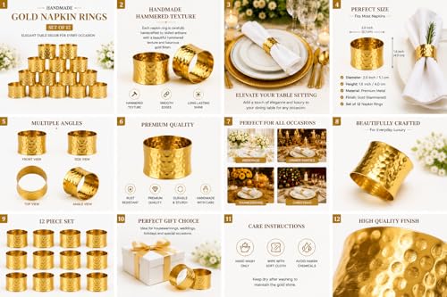 Gold Hammered Metal Napkin Rings, Set of 12 for Elegant Dining Table Decor