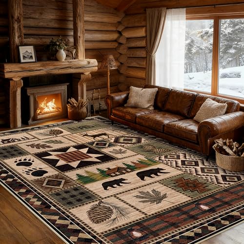 5' x 7' Bear Area Rug Rustic Cabin Deer Machine Washable Home Decor