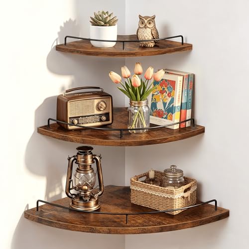 3-Piece Wall Mounted Corner Floating Shelves with Guardrail, Rustic Brown