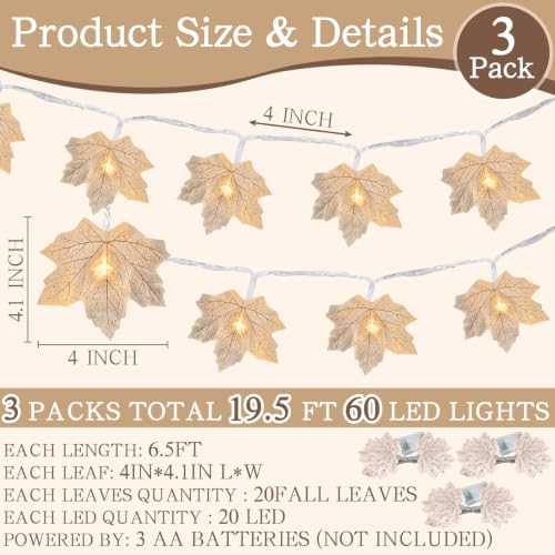 Lighted Maple Leaf Fall Garland - 3 Pack 19.5ft Autumn String Lights