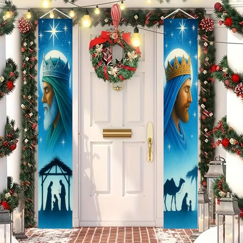 HOMETITUTE Blue Nativity Door Banner – Wise Man & Manger Scene, 11.8 x 70.9 in
