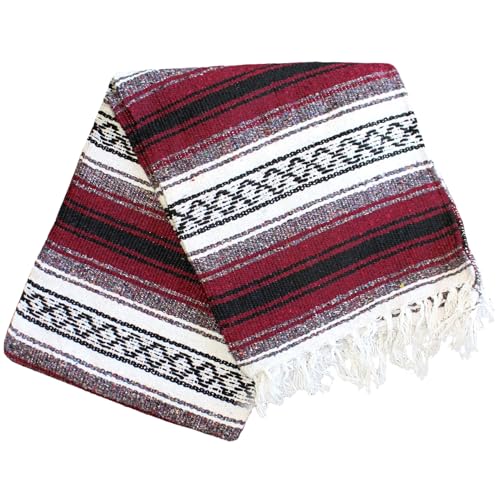Del Mex Authentic Mexican Falsa Throw Blanket - Handwoven (70" x 50", Burgundy)