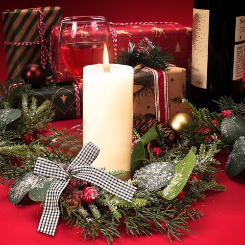 Christmas Candle Ring Wreaths with Snow, Berries & Plaid Bow - 4 Pack