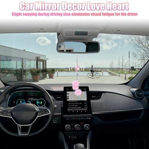 Bling Pink Heart Car Rear View Mirror Ornament with Plush Pom Poms