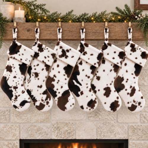 ELEGANTPARK 6 Pack Cow Print Christmas Stockings - 20 Inch Faux Fur Farmhouse Holiday Decor