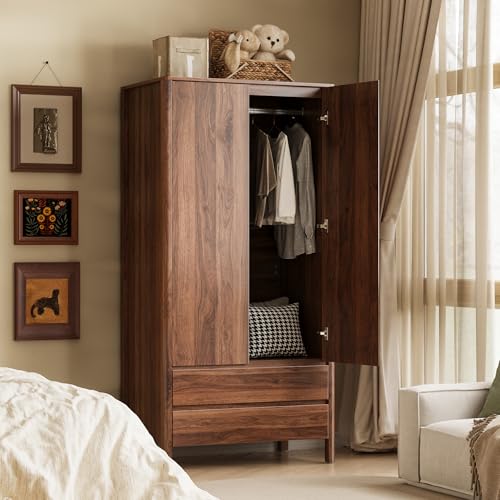 Modern Walnut Wardrobe with 2 Doors and 2 Drawers, 71-Inch Bedroom Armoire