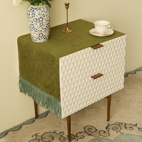 Extra-Thick Pet Scratch-Resistant Nightstand Tablecloth, Olive Green 51.2" x 15.7" with Gold Tassels