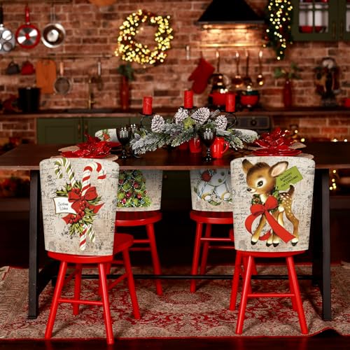 Retro Series Christmas Chair Cover Set - 6 Stylish Elastic Slipcovers for Dining Chairs