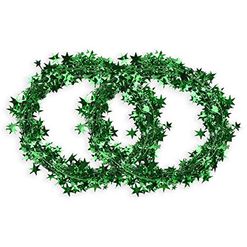50ft Green Star Tinsel Garland with Wire - Christmas Star Decorations, 2 Pack